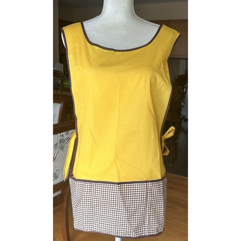 Vtg Apron‎ Mustard Yellow & Brown 3 Pockets Homespun 1970 s Cottage Grandma Core